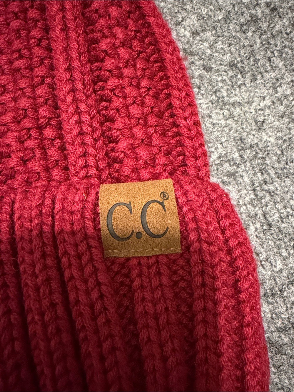 C.C Women’s Burgundy Knit Beanie with Faux Fur Pom - Picture 2 of 3